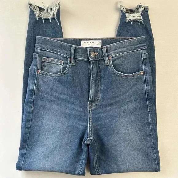 Topshop Jamie High Waisted Skinny Jeans Ankle Cropped Jagged  Hem Blue Size 26 - Picture 15 of 16